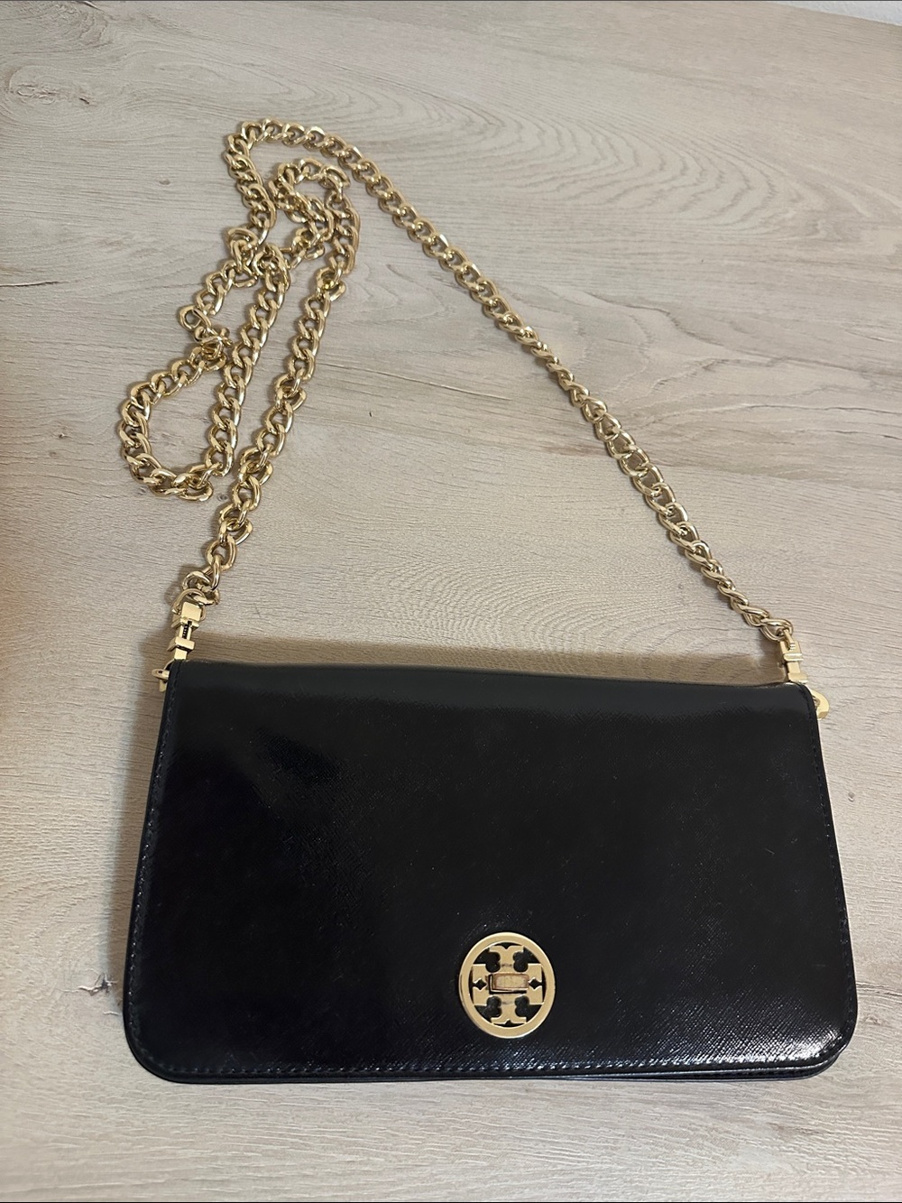 Tory Burch Black Patent Saffiano Leather Adalyn Clutch